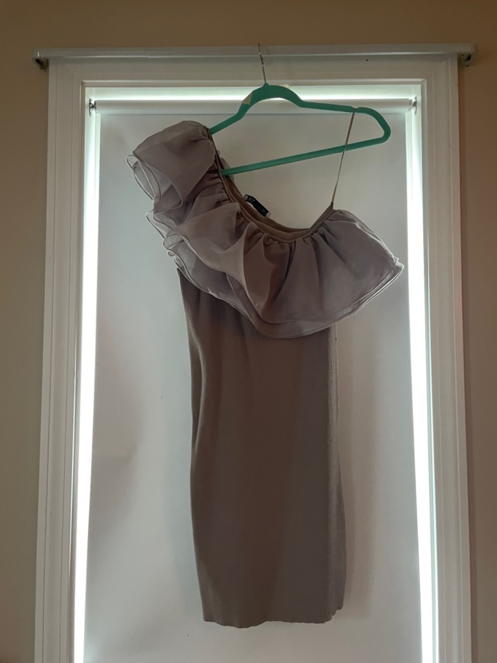 Zara One-Shoulder Ruffle Dress in Taupe